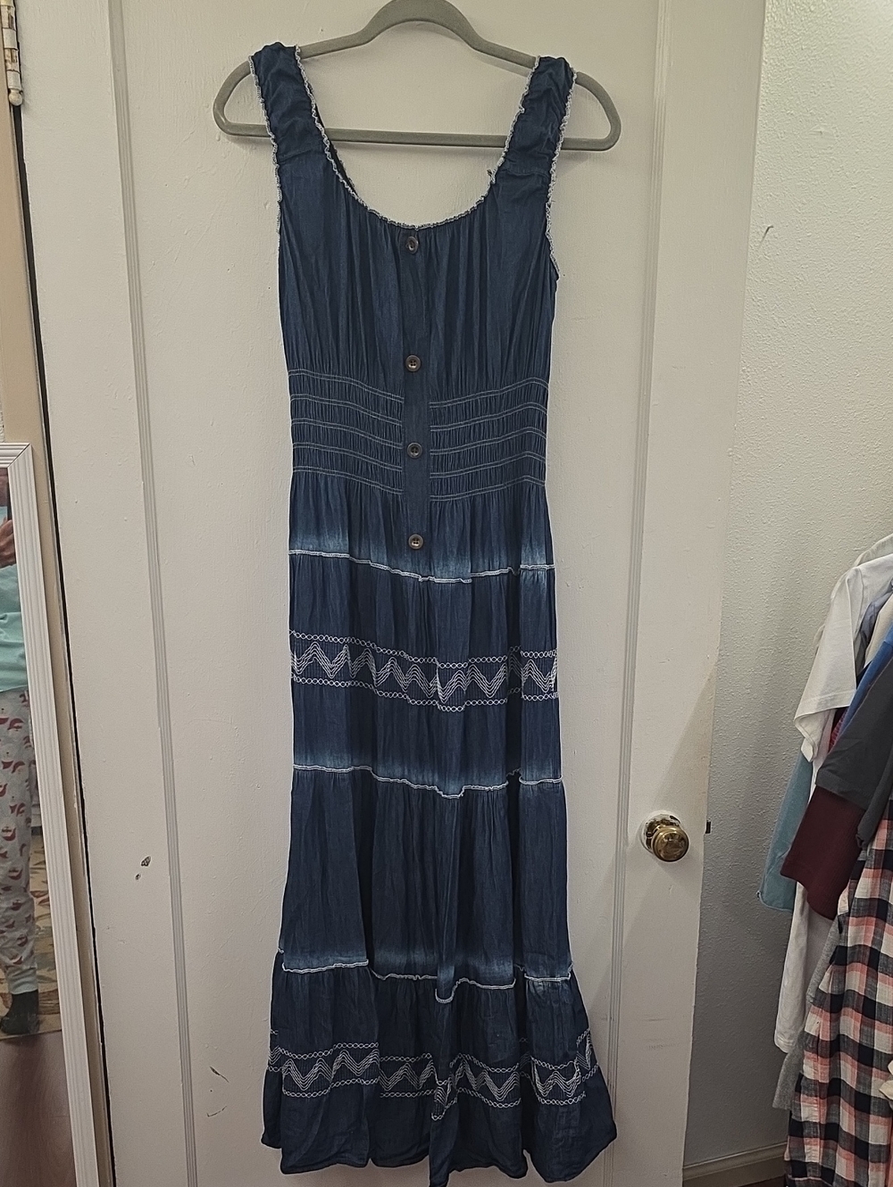 Title: Lapis Blue Cotton Boho Maxi Dress Embroidered Tiered Sleeveless Size L